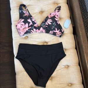 Floral Bikini Set with Pink and Black Design